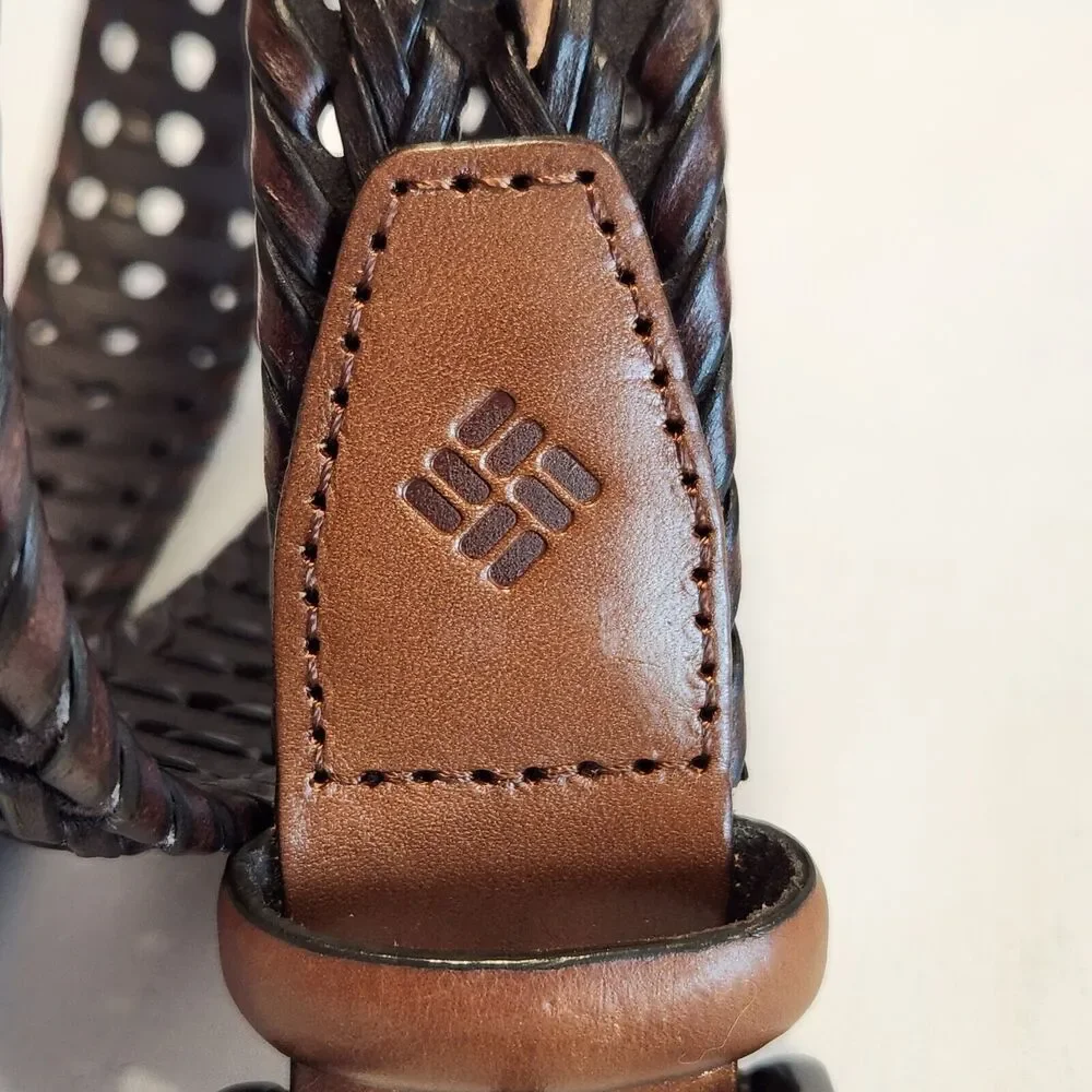 Columbia Mens Braided Belt Dark Brown Woven Leather Trim Small 30-32 11CO140001